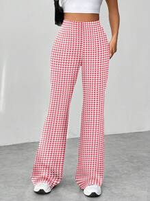 SHEIN Unity Casual Commuter Houndstooth Textured Flare Leg Pants - Red and White - View 3