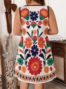 SHEIN LUNE Plus Size Women's Vibrant Floral Print V-Neck Sleeveless Casual Summer Vacation Dress