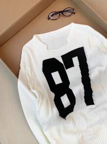SHEIN EZwear 女式超大号数字图案落肩长袖毛衣，秋冬款 - 白色 - 查看 5