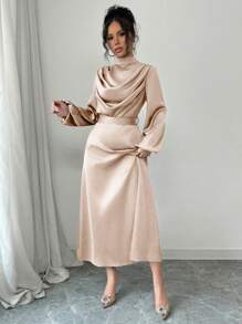 Elenzga Váy xòe dài tay cổ chữ V bằng vải satin bóng thanh lịch cho nữ, Xuân/Thu - Màu Khaki - Xem 5