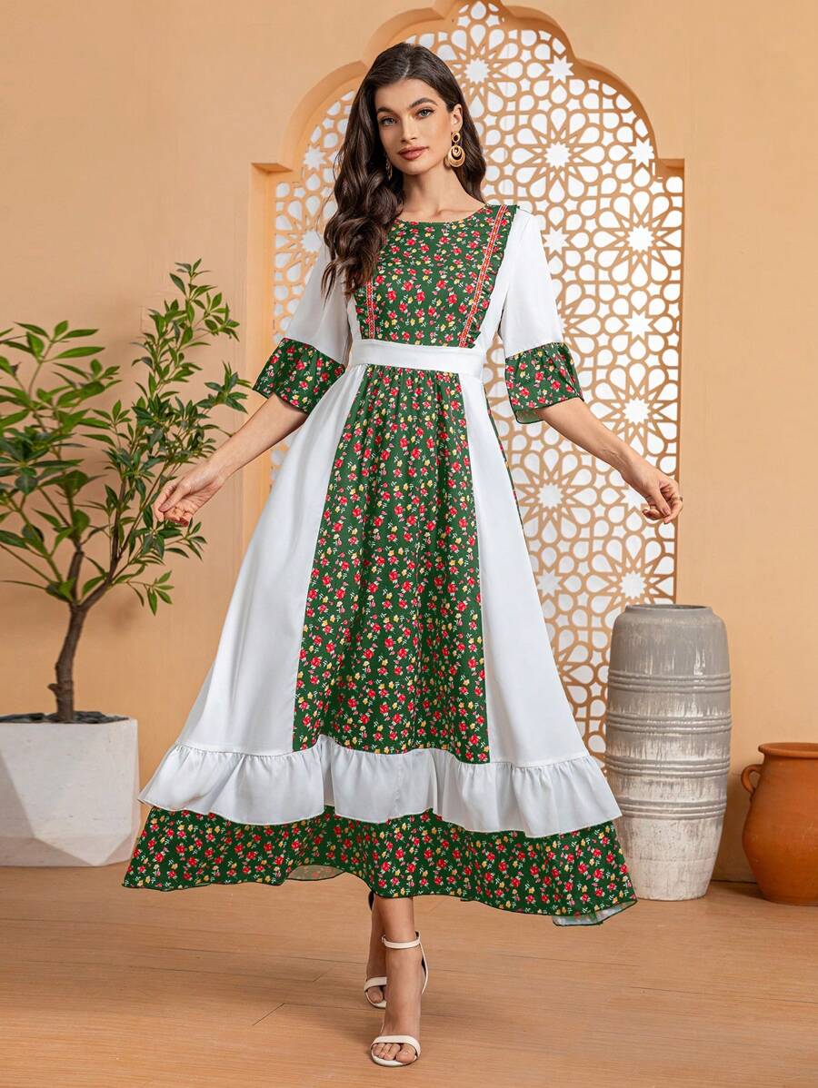 女士圆领短袖撞色碎花度假连衣裙