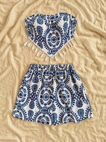 Soleia Bộ 2 áo liền quần in tua rua toàn thân cho nữ đi nghỉ mát thường ngày và quần short - Nhiều màu - Xem 3