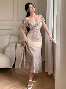 DAZY Abito estivo in chiffon da donna con scollo quadrato, vita, stampa retrò e maniche corte, con volant e decorazione floreale