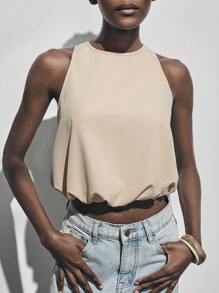 Lumivelle Women's Crew Neck Sleeveless Backless Fitted Short Crop Top, Solid Color - Apricot - View 3