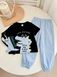 Young Boy Summer Outfit Boy Cute & Comfy Dinosaur Print Short Sleeve Round Neck Top, Woven Drawstring Pants, Dinosaur Shaped Crossbody Bag Set, Suitable For Outings, Parties, Street Photography