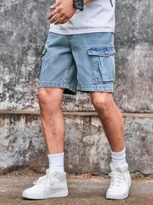 Manfinity Homme 休闲街头风格浅蓝色工装口袋男式牛仔短裤