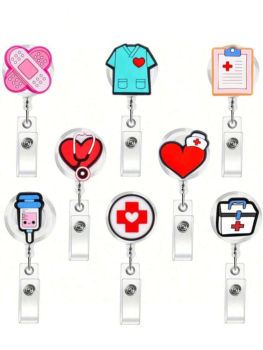 8pcs Cute Cartoon Nursing Badge Reel With Retractable Cord, Ideal For Doctor Nurse Hospital Staff Gift - Multicolor - View 1