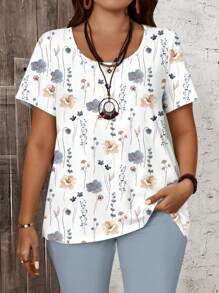 EMERY ROSE 2pcs/Set Casual Floral Allover Print Loose Short Sleeve & Capri Pants Plus Size Set,Holiday Outfits Suitable For Going Out,Flower/Spring/Summer/Vacation - Multicolor - View 7