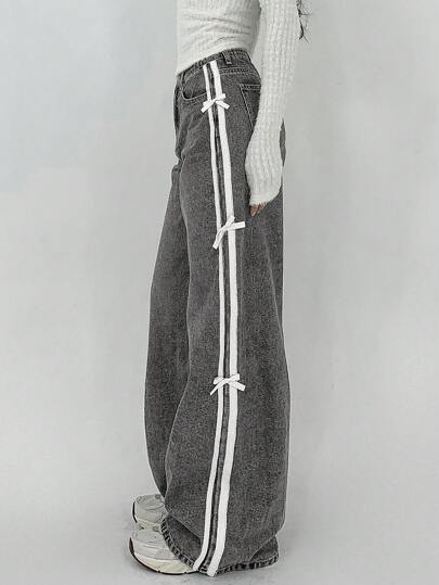 DAZY 女式蝴蝶结拼布蝴蝶结装饰休闲直筒牛仔裤