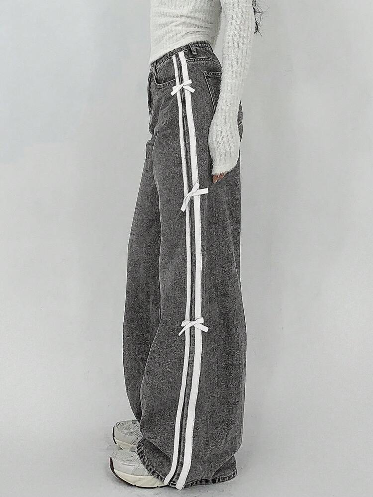 Women's Ribbon Patchwork Bow Decor Casual Straight Leg Jeans