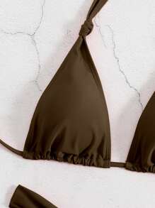 SHEIN Swim Women's Solid Color Halter Tie Sexy Bikini Set - Coffee Brown - View 5