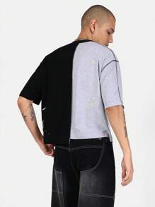 SUMWON Creative Department Split Design Boxy T-Shirt Urban Streetwear Graphic Logo Cotton Tee Casual Skater Style Modern Typography Design Oversize Fashion Statement