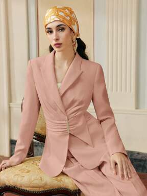 ZEYLAH Women's Elegant Diamond Chain Decor Pleated Blazer
