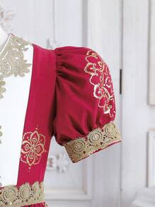 Tween Girl Glittery Ribbon Decor Floral Pattern Color-Block Dress