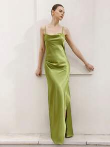 Aveloria Rosie Sexy Elegant Resort Satin Draped Neck High Slit Solid Color Dress For Women   Old Money Style For Summer