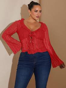 SHEIN BAE Blusa de encaje transparente con lazo frontal, romántica y dulce para mujer de talla grande, ropa de mujer para otoño