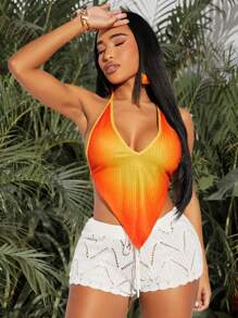 SHEIN SXY 海滩；春夏假期波西米亚风西方服饰女装节日橙黄色针织渐变印花挂脖方下摆背心 - 彩色 - 查看 7