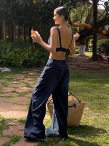 Livesso Distressed Washed Short Camisole Top And Wide Leg Jeans Set, Casual Resort Wear For Women, Spring And Summer,Fall Clothes