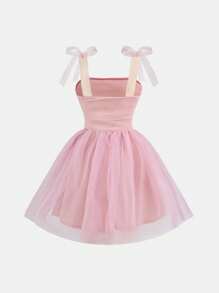 SHEIN Tween Girl 可爱薄纱蝴蝶结褶皱双层 A 字裙