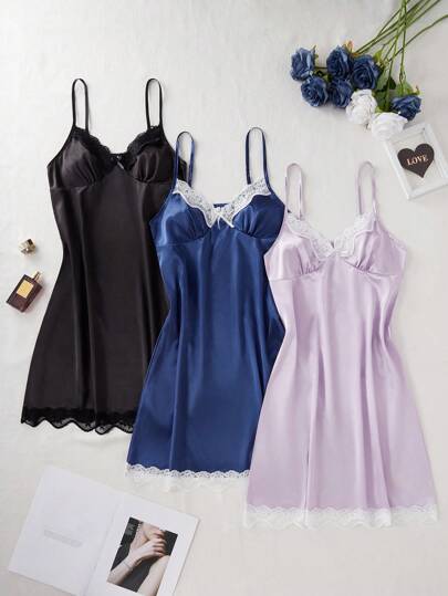 SHEIN 3 件套性感纯色缎面蕾丝边吊带背心睡裙套装