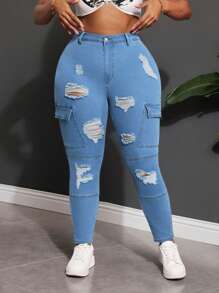Slaydiva Plus Size Sexy Skinny Stretch Ripped Long Jeans, Blue Concert Women Jeans