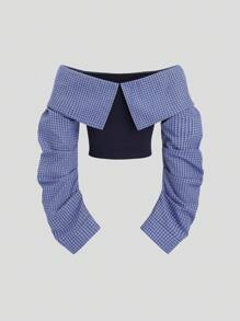 Sweetra Women's Color Blocking Off Shoulder Sexy Blouse, Suitable For Spring/Autumn Fall Cloth For Women - Navy Blue - View 2