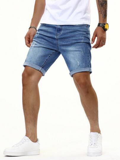 Manfinity Homme Men Cat Whiskers Washed Denim Shorts Plain Work Denim Jorts Navy Blue Denim Shorts, For Husband, Boyfriend Gifts Going Out Hang Out Work College Urban