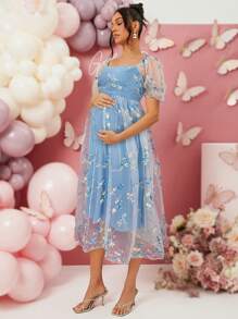 Loomaby Pregnant Women Square Neck Puff Sleeve Floral Embroidered Mesh Elegant Dress Maternity Dress - Blue - View 5