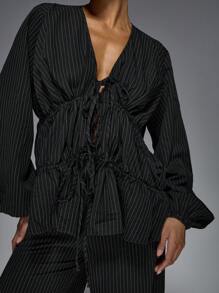 MISSGUIDED Designer Pinstripe Coordinated Set Long Sleeve Ruched Front Blouse Wide Leg Pants Business Office Professional Fall Winter Workwear Suit