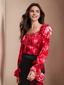 Chiquease Women's Elegant Printed Square Collar Shirt, Minimalist Style For Casual Daily Wear Fall Cloth For Women