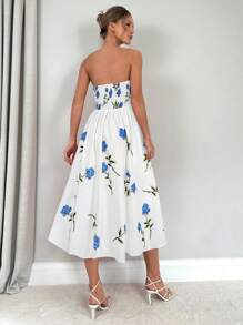 Firerie Váy midi không tay họa tiết hoa hồng chữ A thanh lịch dành cho nữ có túi, mùa hè - Xanh và trắng - Xem 2