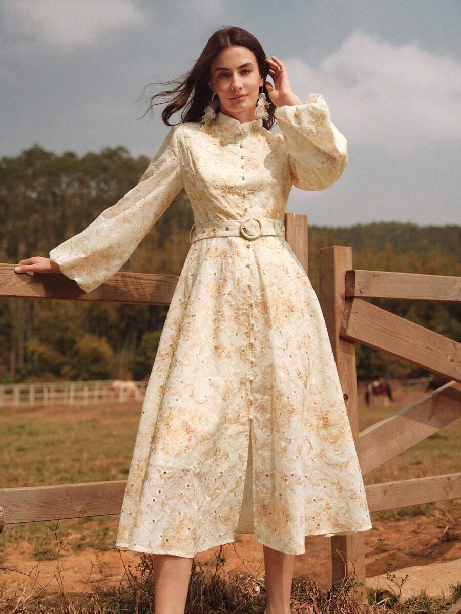 Anewsta 都市优雅数码印花灯笼袖长裙，适合春季度假