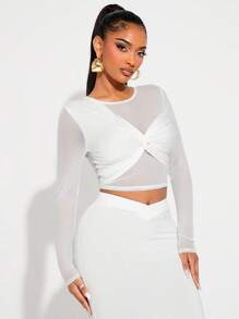 SHEIN SXY Élégant T-shirt asymétrique en maille transparente et blanc unicolore, style minimaliste pour le travail, les fêtes, les rendez-vous, les anniversaires, le quotidien décontracté, le printemps/l'été