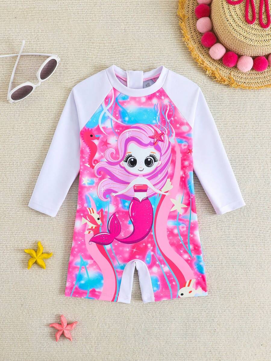 SHEIN Baby Girl Vacation Beach Floral Print Patchwork One-Piece Swimsuit - White - View 1