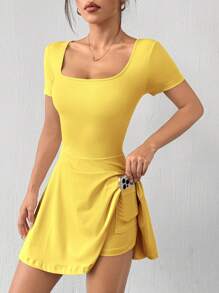 SHEIN EZwear 黄色针织女款方领短袖休闲短连衣裙 - 黃色 - 查看 4
