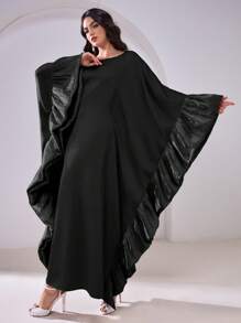 Al Najma 女士优雅圆领荷叶边宽松阿拉伯长袍连衣裙，端庄 - 黑色 - 查看 6