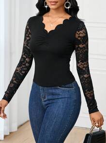 SHEIN Lady Camiseta de manga larga ajustada elegante y sólida con aplicación de encaje para el uso diario