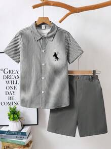 SHEIN 青少年男孩绅士装 - 条纹短袖衬衫和短裤套装