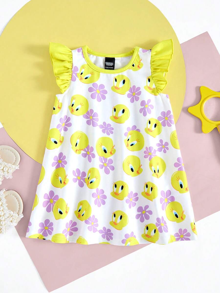 LOONEY TUNES X SHEIN 女婴崔弟鸟 & 花卉印花盖袖可爱休闲黄色 & 白色连衣裙