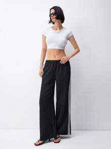 LYSMO Black Pinstripe Side Stripe Detail Drawstring Low Waist Pants