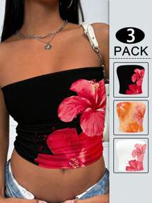 INAWLY 3pcs/Set Y2K Hibiscus Flowers Graphic Tube Top