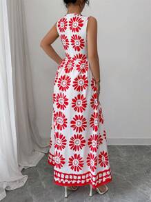 Elenzga 女士春夏海滩度假休闲优雅拼色全复古印花无袖连体裤 - 紅色 - 查看 2