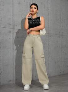 SHEIN EZwear Casual Washed Straight-Leg Cargo Jeans