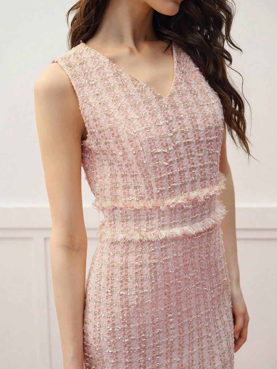 MOTF PREMIUM TWEED RAW TRIM SLEEVELESS DRESS - Pink - View 2