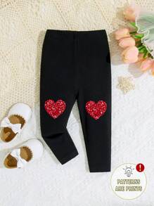 SHEIN Leap Crew Baby Girl Casual Simple Heart Patterned Long Pants Suitable For Spring And Summer - Black - View 1