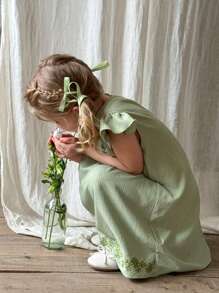 SHEIN LMoss Kids LMoss Young Girl Woven Ditsy Floral Round Neck Ruffle Hem Snug Fit Dress,Spring And Summer - Green - View 4