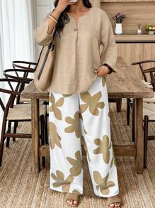 Weeklong بدلة رياضية كاجوال من قطعتين ، بنطلون وقميص بأكمام طويلة لون واحد مقاس كبير