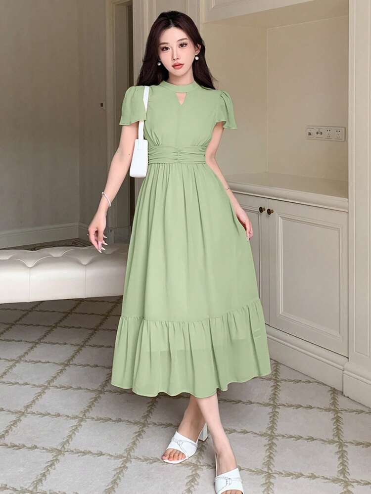 Women's Solid Color Keyhole Neckline Ruffle Trim Short Sleeve Elegant Midi Dress Sundress,Casual Women Dresses Prom Dress