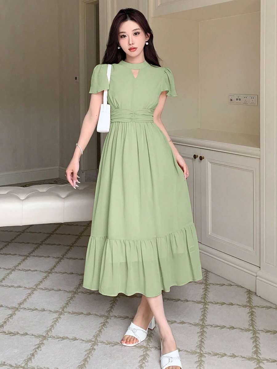 DAZY Women's Solid Color Keyhole Neckline Ruffle Trim Short Sleeve Elegant Midi Dress Sundress,Casual Women Dresses Prom Dress - Mint Green - View 1