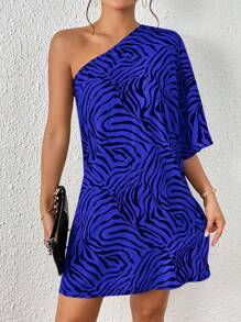 SHEIN Privé Women's Zebra Print Loose Batwing Sleeve A-Line Dress - Royal Blue - View 6